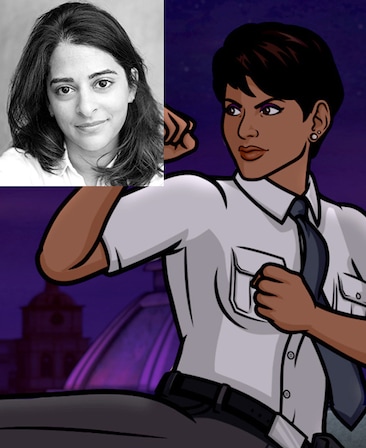 Animated character Zara Kahn wearing a white shirt and gray tie with Natalie Dew headshot in top left corner wearing a white 