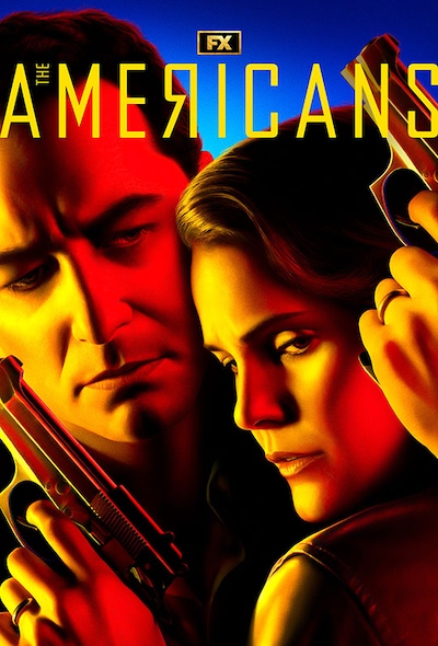 KGB spy couple from The Americans with orange lighting embracing and holding guns behind their heads