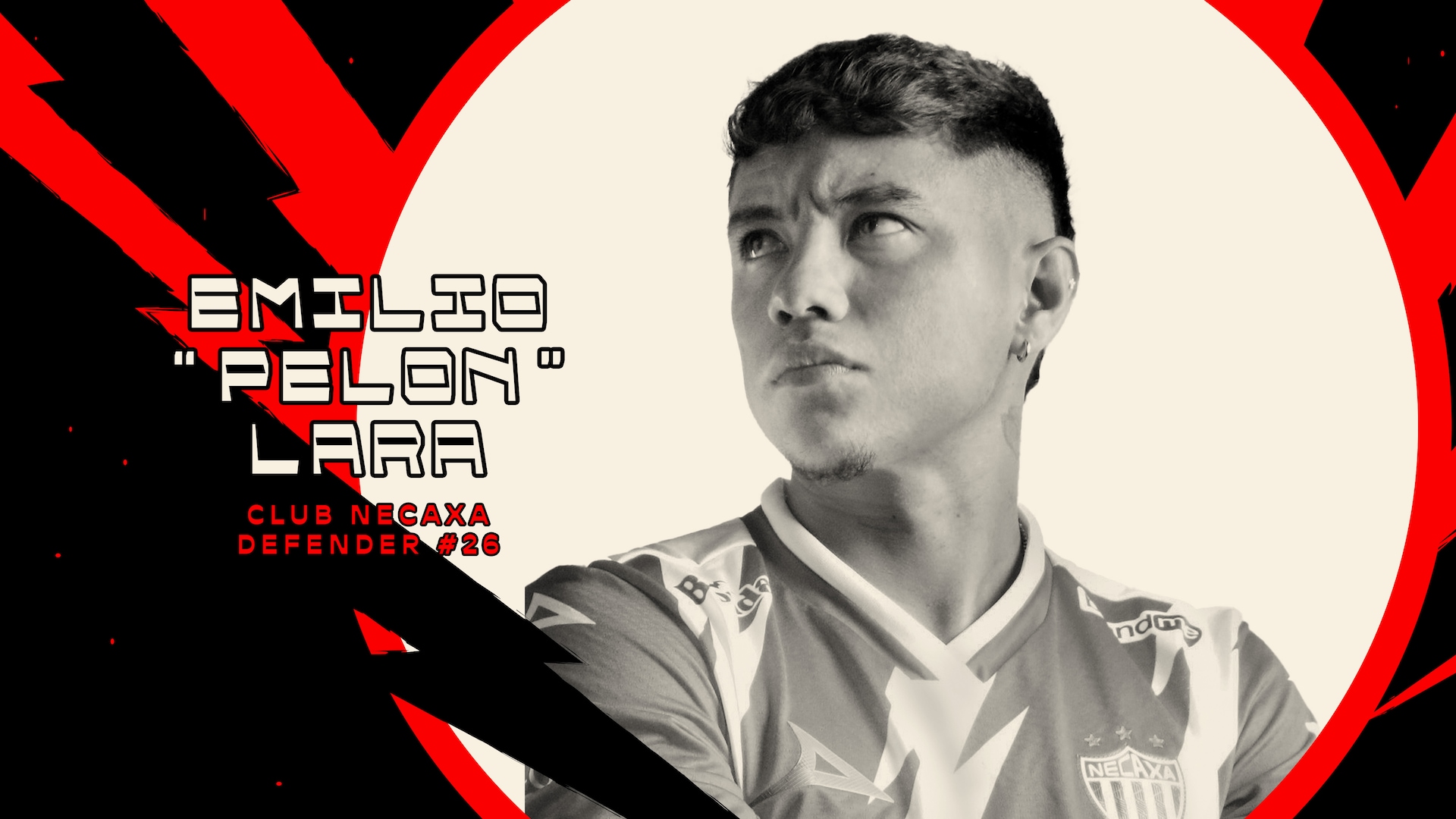 Emilio Pelon Lara in a sports jersey, with a black and red electric background circled around him.