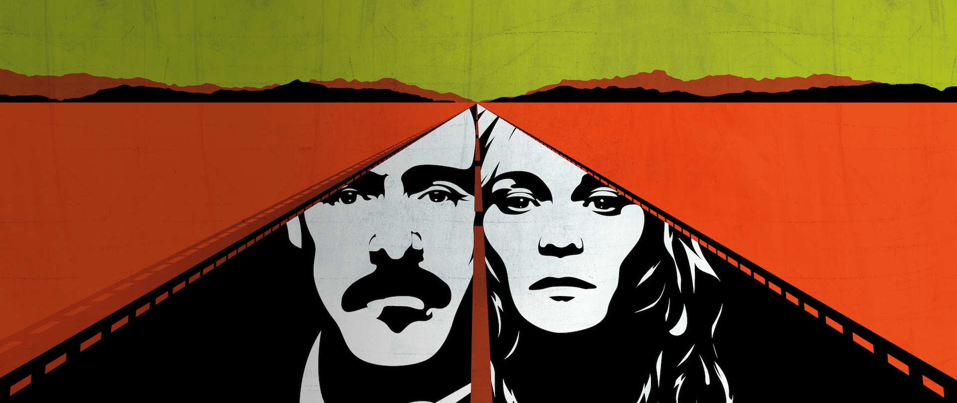 A detective man and woman's faces from The Bridge in a black pop art style in the road of a cartoon orange desert