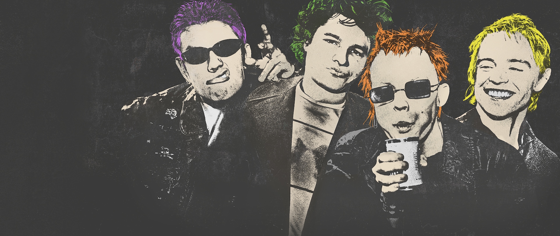 Pop art style of a grainy paparazzi group shot of the Sex Pistols in black and white with only their hair in bright colors