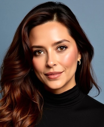 Headshot of executive producer of FX's Necaxa, wearing a black turtleneck and hold hoop earrings.
