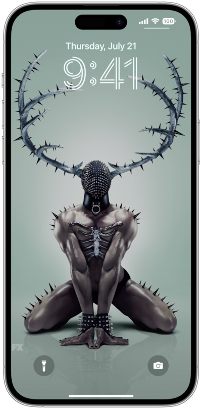 iPhone lock screen of muscular man on hands and knees wearing black mask and spiked antlers from FX'S AHS NYC