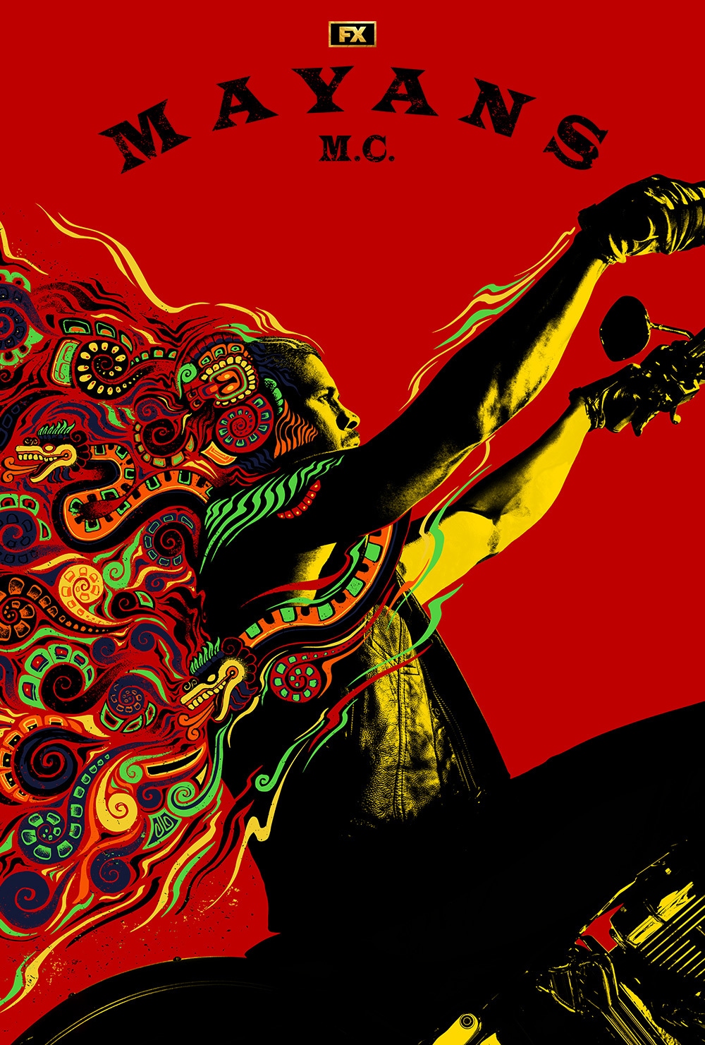 Drawing of JD Pardo riding a motorcycle with a orange green and red flame design coming from his body for Mayans MC