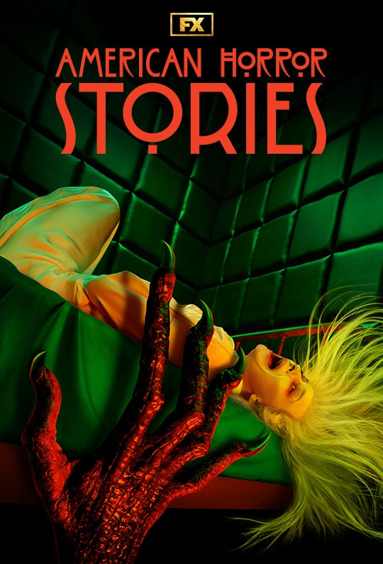 A large clawed hand grabbing a women from under a green bed while she scream with her hair flying upward.
