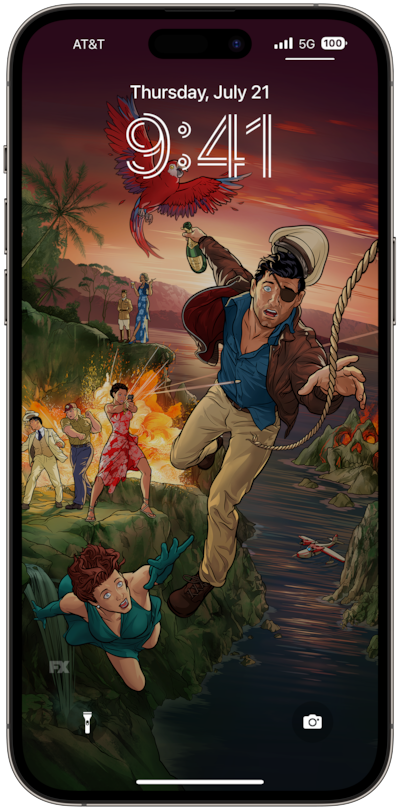 Archer wearing an eye patch and holding a bottle, reaching for a rope, while others shoot at him on a cliff above the ocean