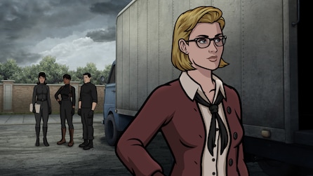 Animated woman wearing a red cardigan and black tie, as three characters stand behind her in the distance.
