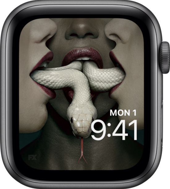Apple Watch lock screen of three women with white snake moving through their open mouths for FX's AHS Coven
