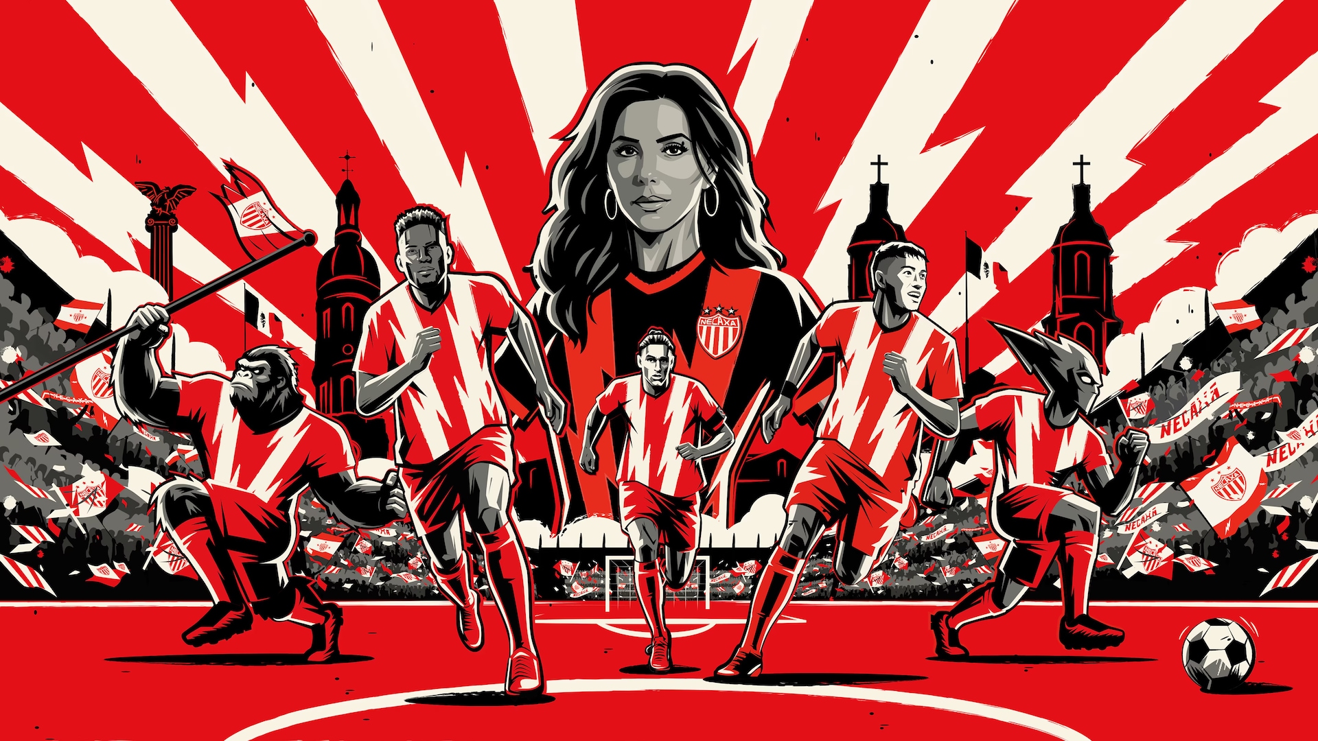 Eva Longoria drawn above the players of Club Necaxa running on the pitch surrounded by white lightening bolts.