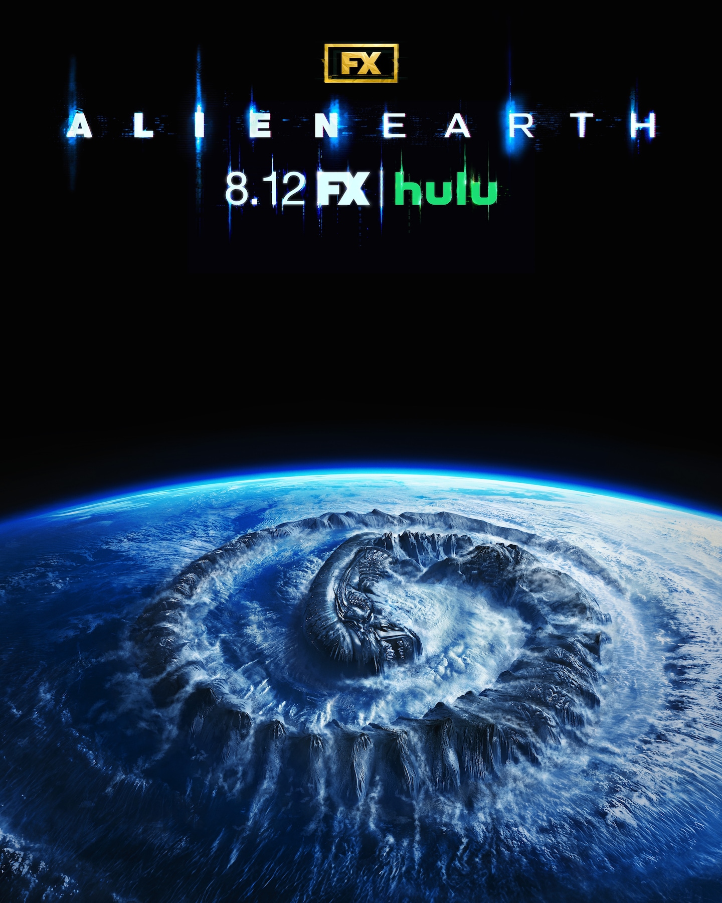 iphone and apple watch with a lockscreen of a Earth with a circular storm resembling a xenomorph.