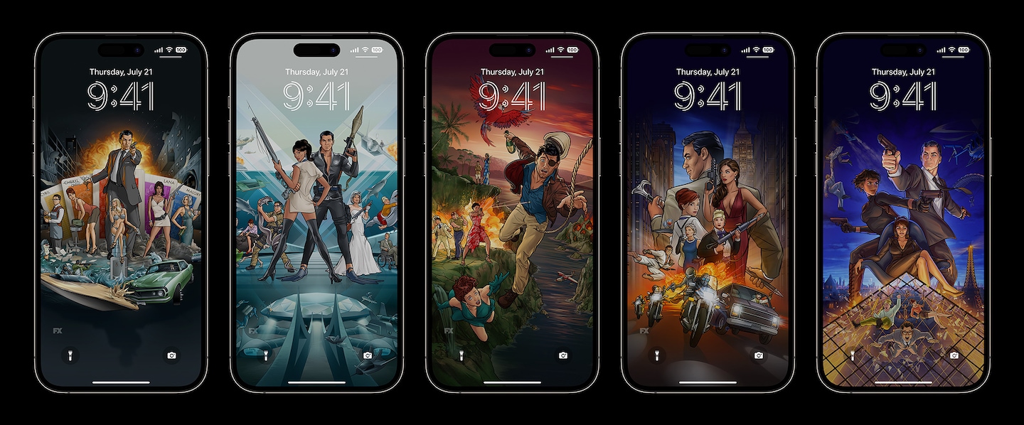 Five iPhone with five different Archer seasons' art lockscreens