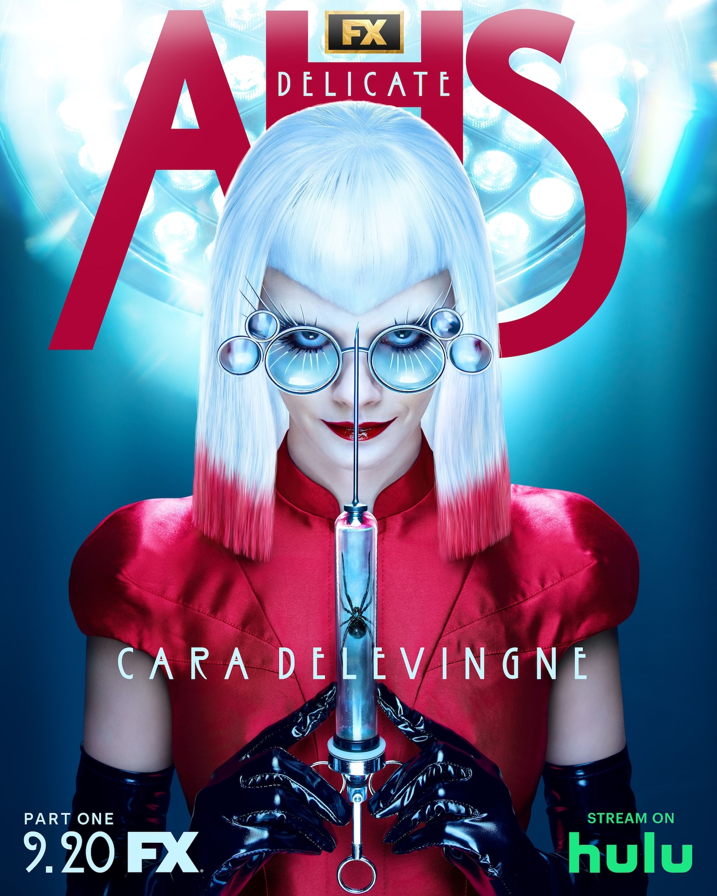 A Woman with white hair wearing a red top, gloves and multifocal glasses, holding a needle with a spider for AHS: Delicate