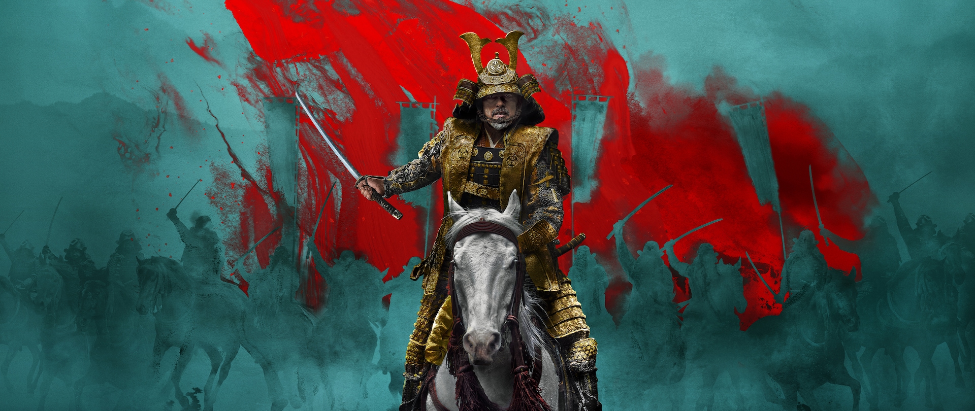Lord Toranaga dressed in gold ō-yoroi armor riding a white horse with teal-colored silhouetted army and red sky background