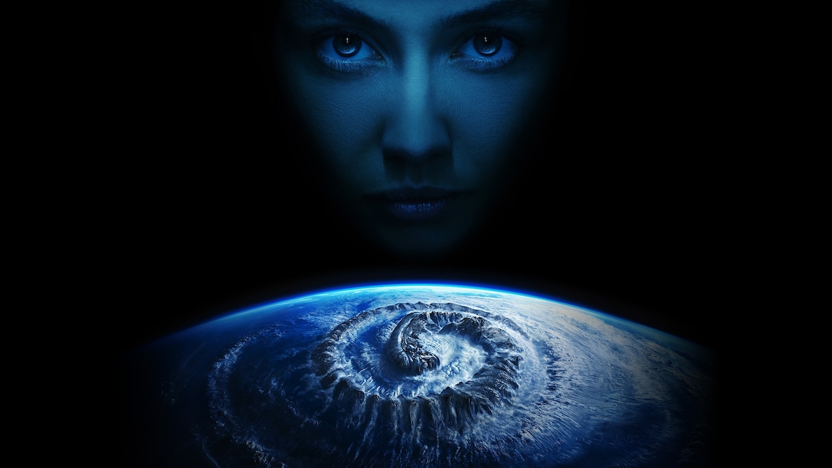 Wendy from FX's Alien: Earth hovering over Earth with a Xenomorph engraved in it.