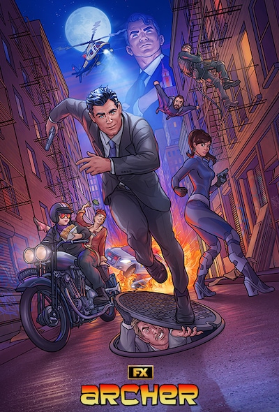 Cartoon secret agent in grey suit running on pothole from explosion in background alongside agents on motorcycle