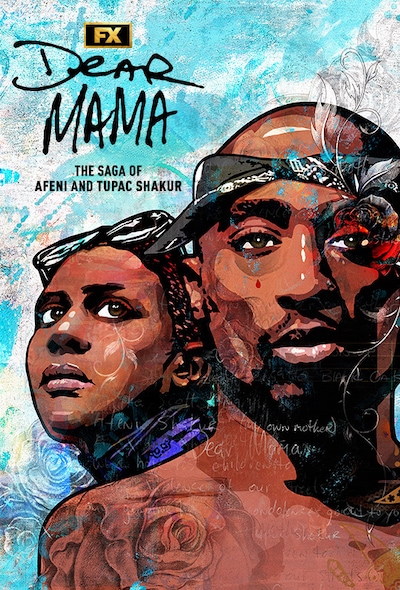Graphic of Tupac wearing a bandana and his mother wearing sunglasses for FX's Dear Mama