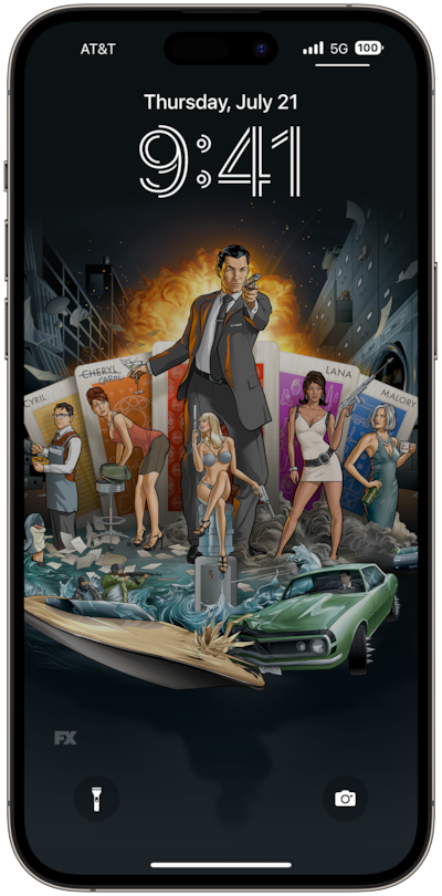 Archer wearing a gray suit and holding a weapon with Cyril, Carol, Lana and Malory standing in front of playing cards