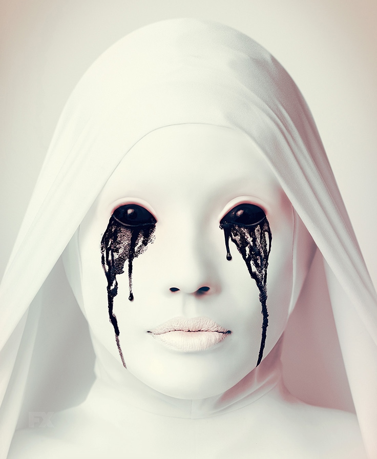 Completely white nun with black eyes crying black tears from FX's American Horror Story Asylum Installment 2