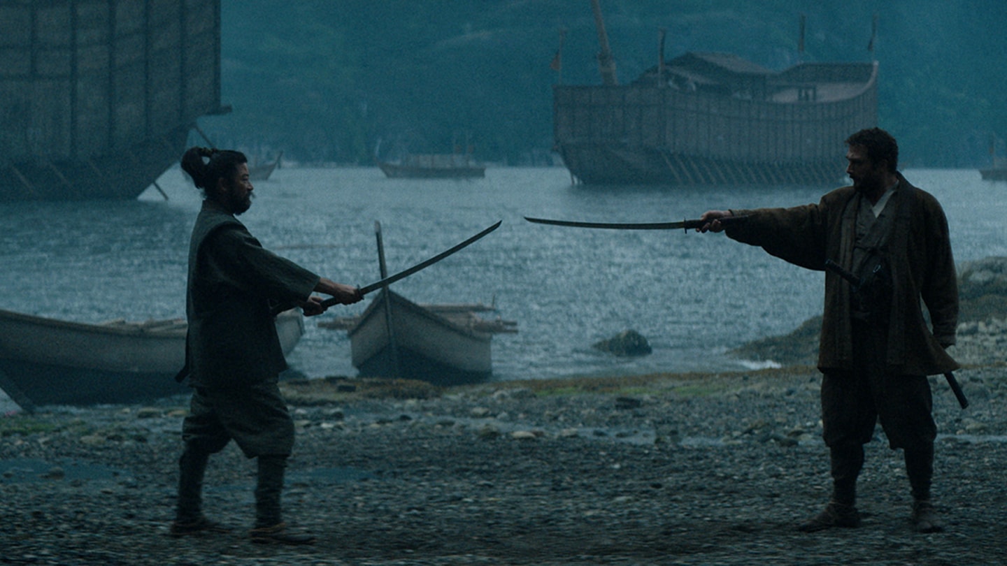 Yabushige and Blackthorne face off on the shoreline of Ajiro