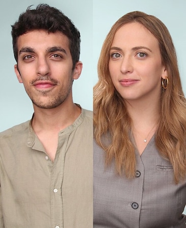 Combined headshots of executive producers Ben Kronengold and Rebecca Shaw, wearing beige shirts with a blue background.