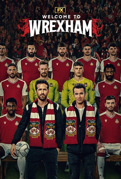 Ryan Reynolds and Rob McElhenney featured with Wrexham football club players behind in full stadium