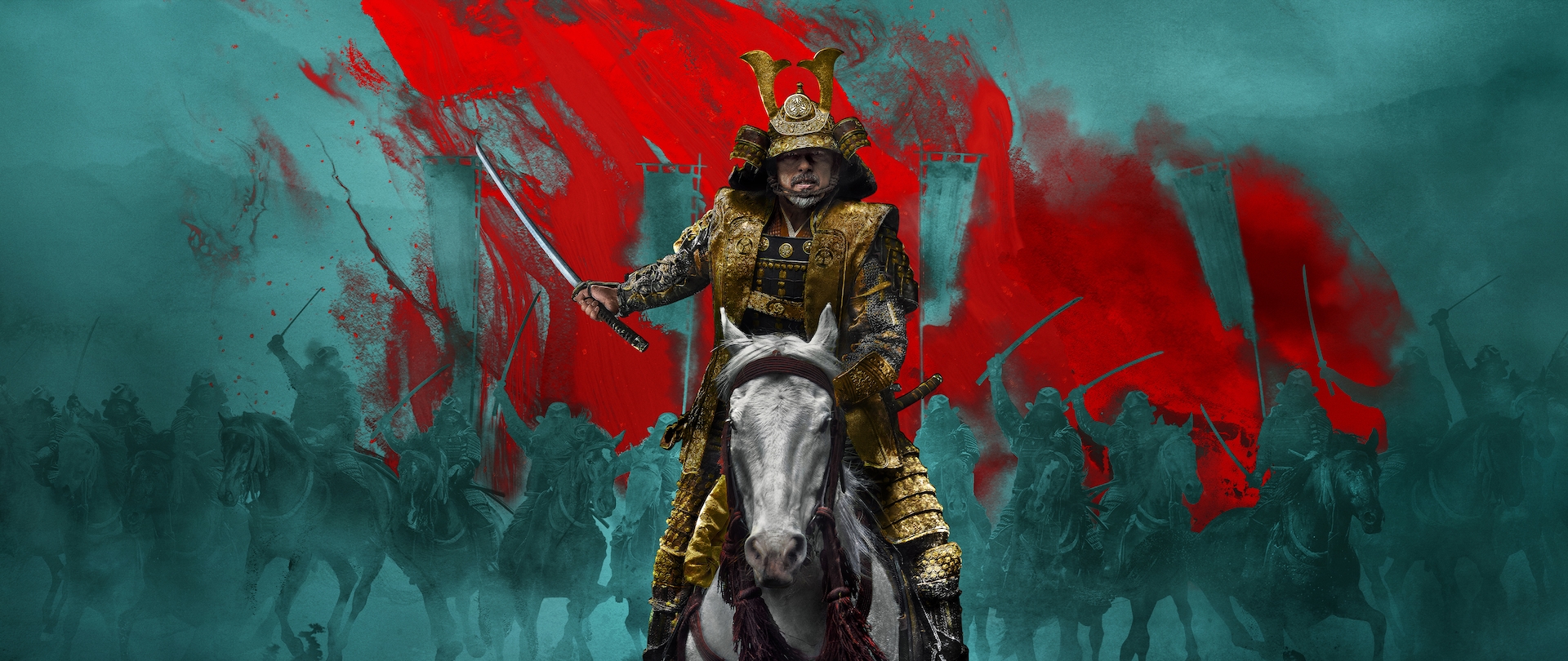 Lord Toranaga dressed in gold ō-yoroi armor riding a white horse with teal-colored silhouetted army and red sky background