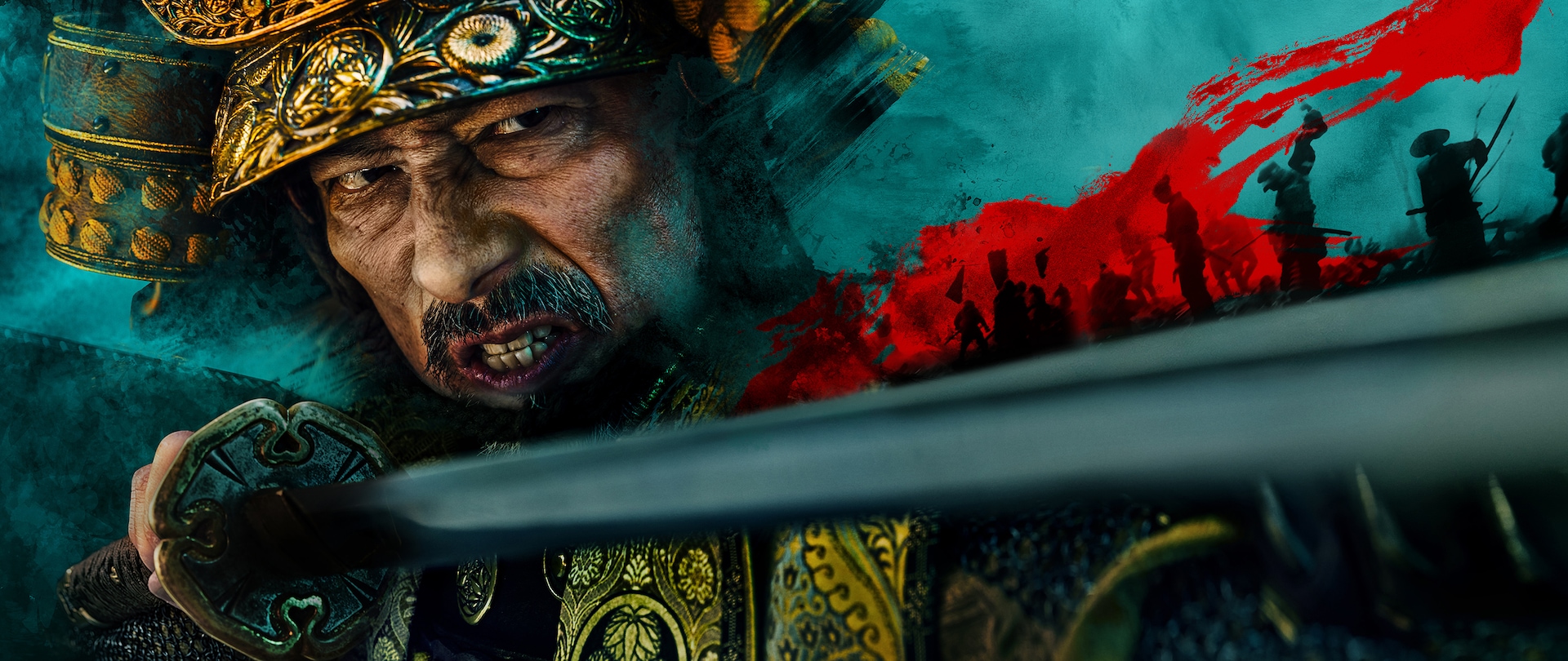 Lord Toranaga grimacing as he stares down the blade of his katana.