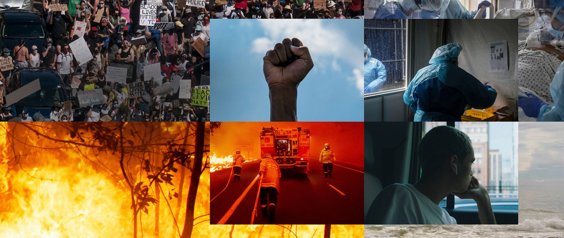 Collage of several images including wildfire, protests, firefighters and hospital workers for New York Times Presents