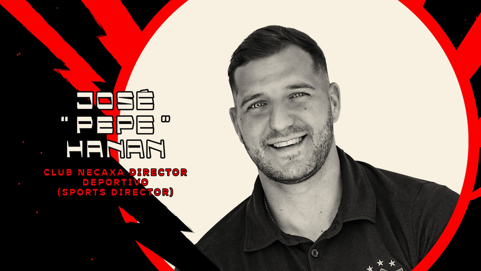 Jose Pepe Hanan in a button up polo, with a black and red electric background circled around him.