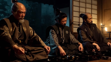 Hiromatsu, Yabushige, and Buntaro sit next to each other in a dimly lit room for FX's Shogun