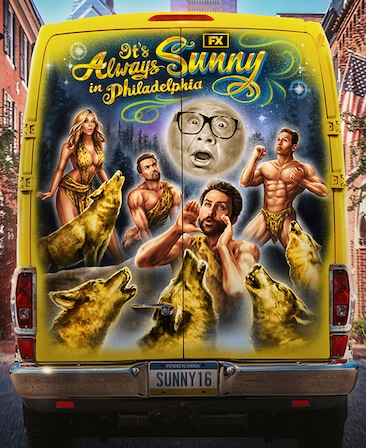 Drawn characters on the back of a bus, dressed in cavemen attire, driving through a city for FX's  It's Always Sunny