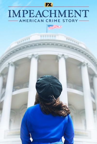 ACS Impeachment Beanie Feldstein dressed as Monica Lewinksy has back turned as she looks toward the White House