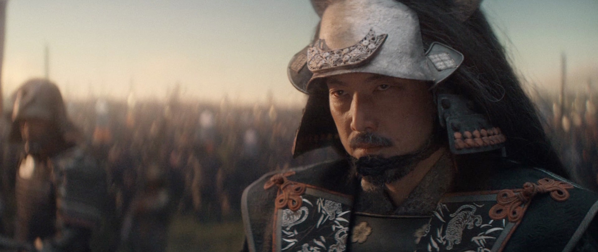 Ishido in FX's Shogun with an army standing behind him, ready for battle.