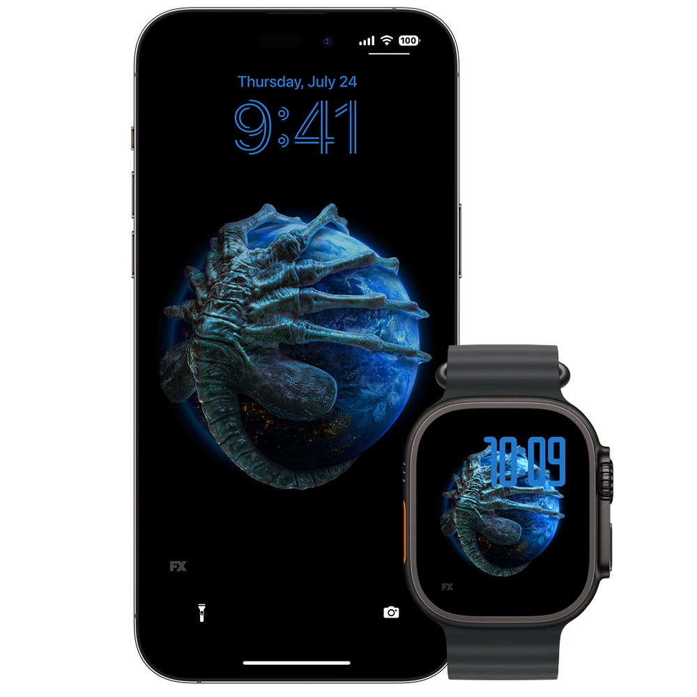 iphone and apple watch with a lockscreen of an alien crouching on a crate..
