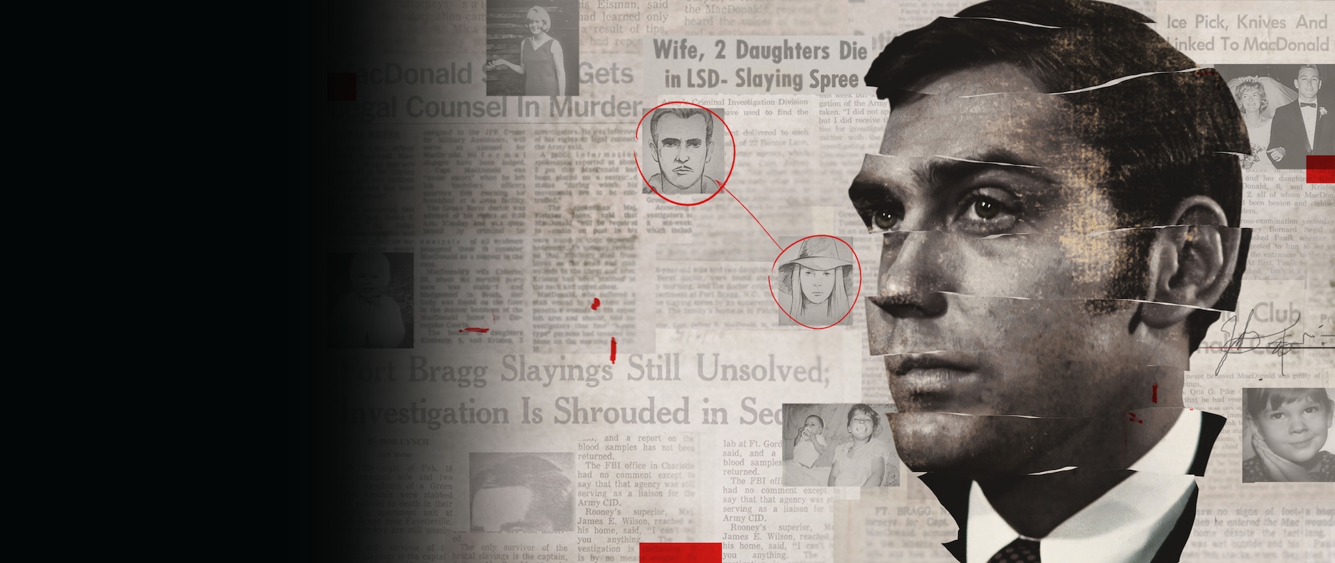 Ripped paper strips depicting man's head with newspaper clippings behind and mugshots circled for FX's A Wilderness of Error