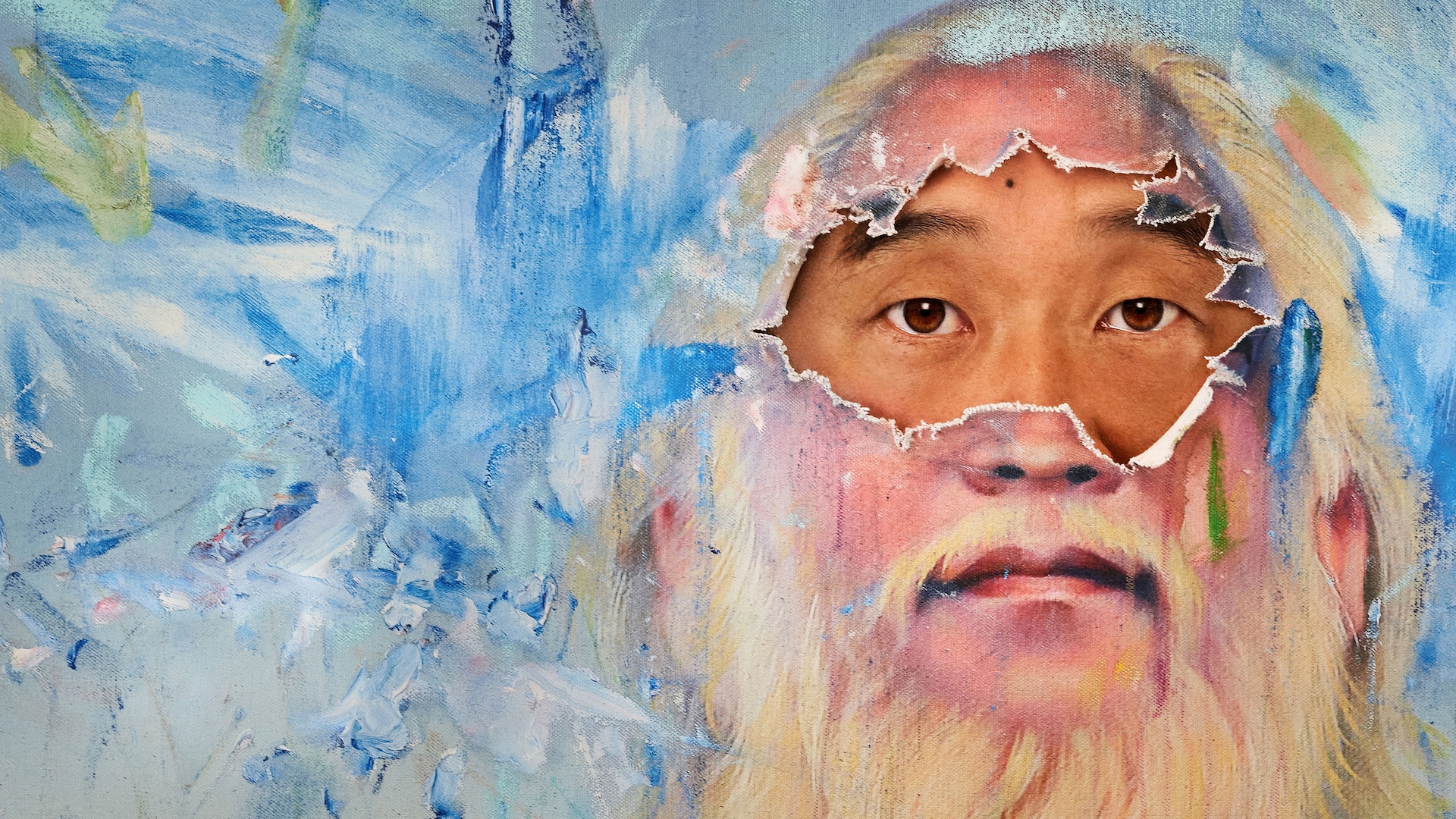 Self portrait painting of David Choe in a floral shirt and blue background with part of the canvas torn open to show his eyes