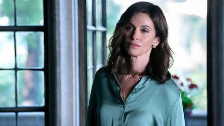 Woman with brown hair and a blue button up shirt.