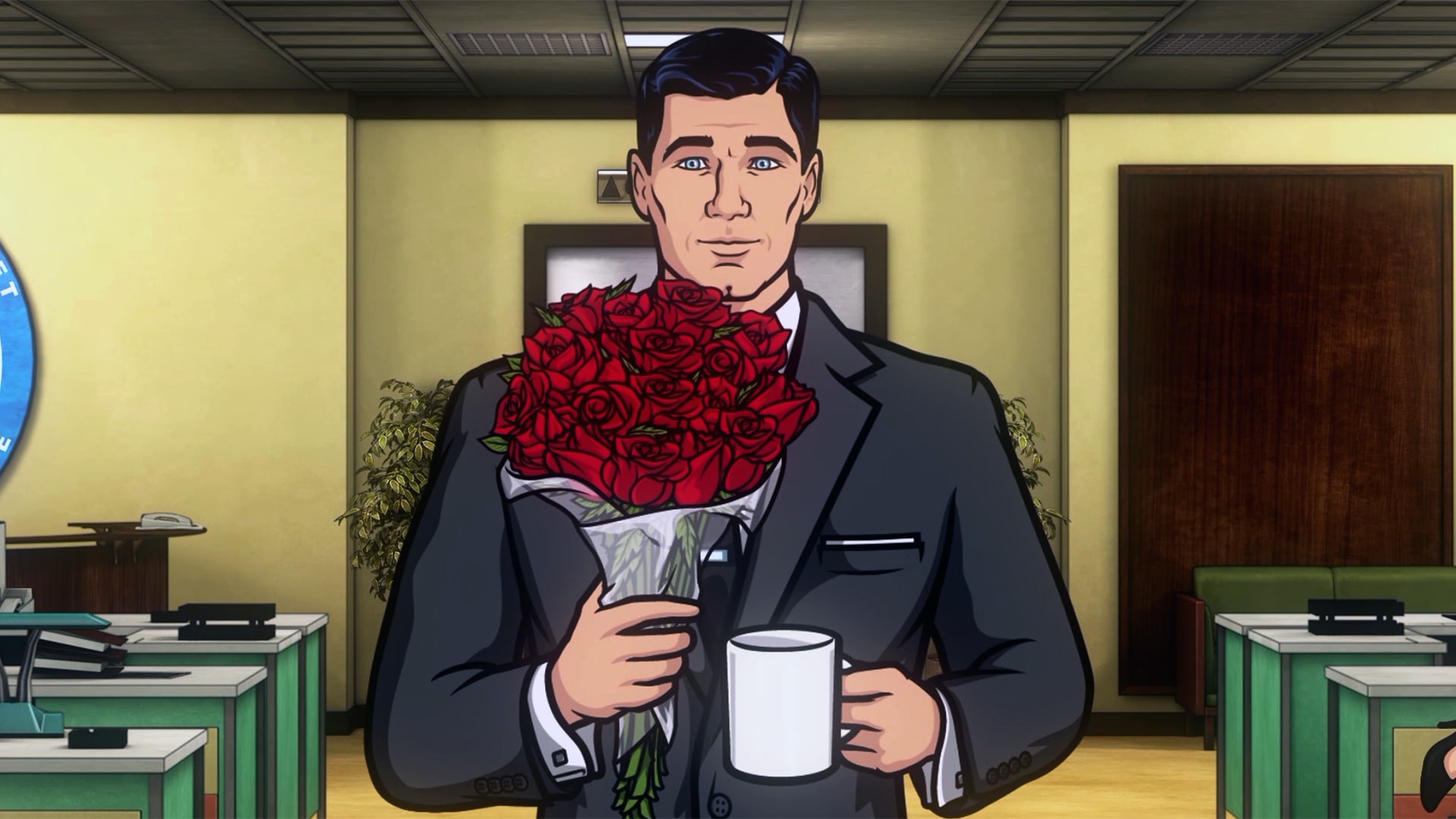 Archer dressed in suit holding red flowers and coffee cup