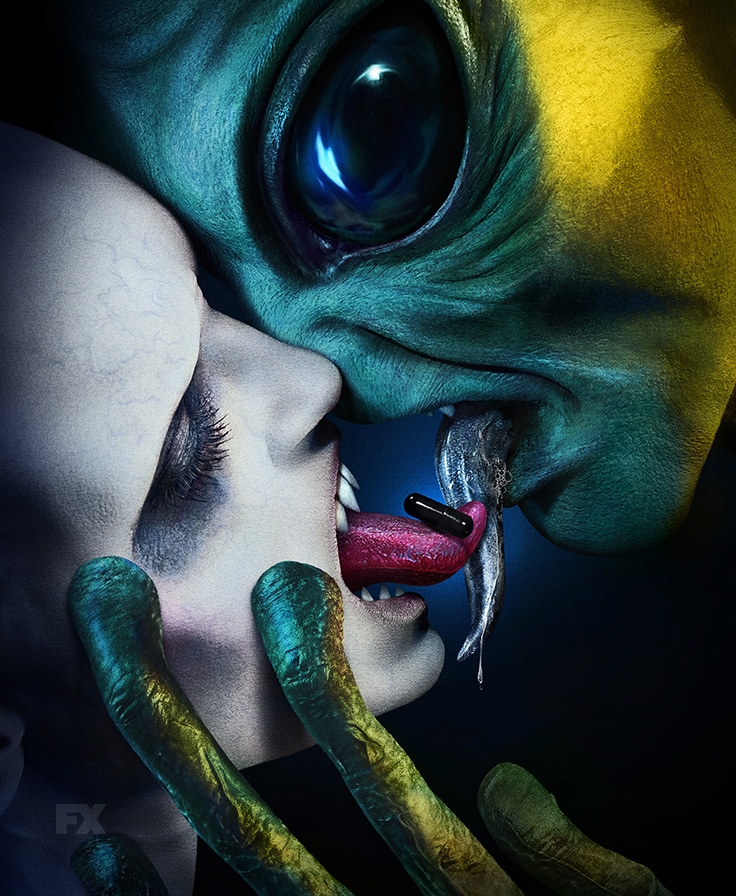 Alien and fanged monster swapping black pill with tongues from FX's American Horror Story Double Feature