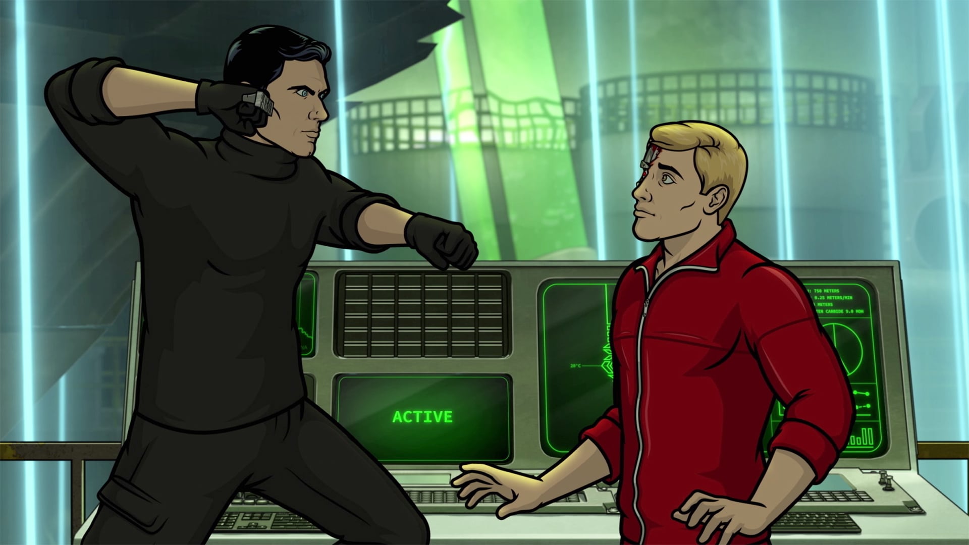 Archer dressed in black about to punch someone in a red jump suit.