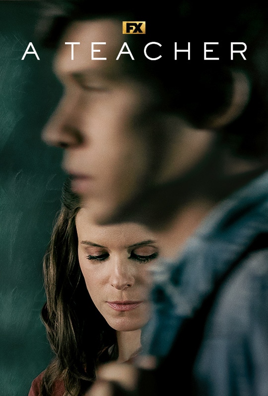 Blurred Kate Mara holding textbook in background standing in classroom with close up of young man's face for FX's A Teacher
