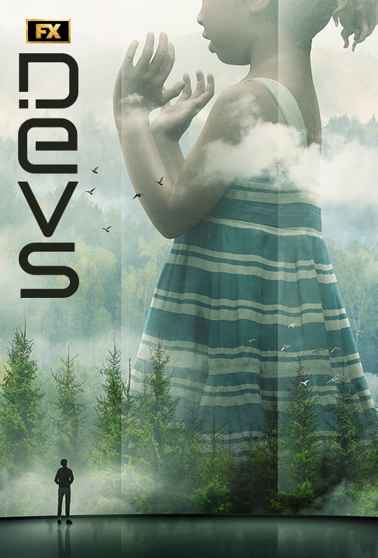 Man staring at a screen with a statue emerging from the forest for FX's Devs