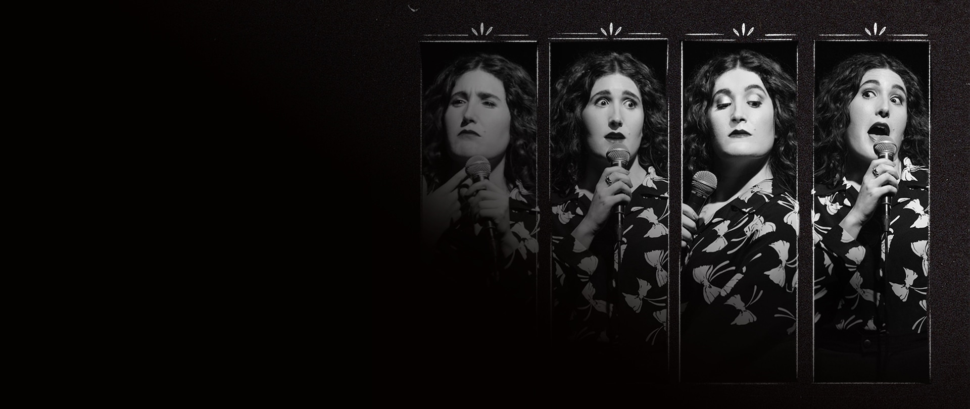 Four black and white panels side by side of comedian Kate Berlant holding a mic making different facial expressions