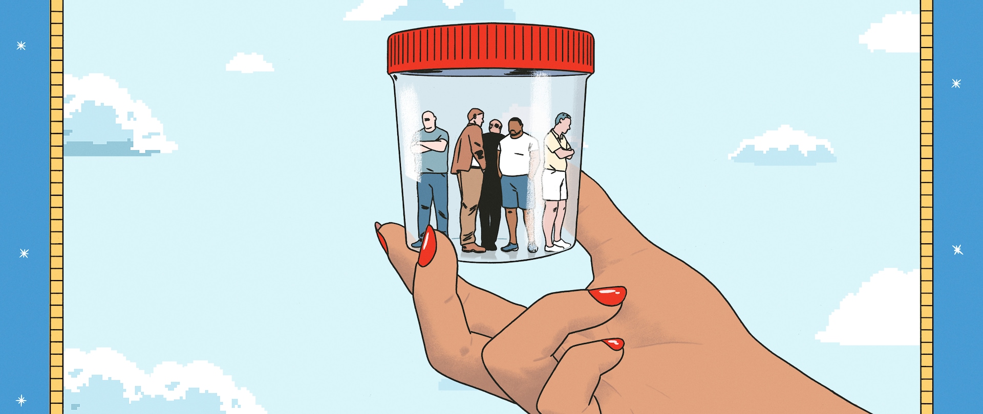 Animated hand holding a specimen container full of people