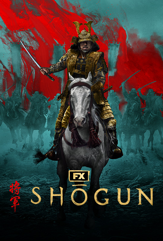 Lord Toranaga dressed in gold ō-yoroi armor riding a white horse with teal-colored silhouetted army and red sky background