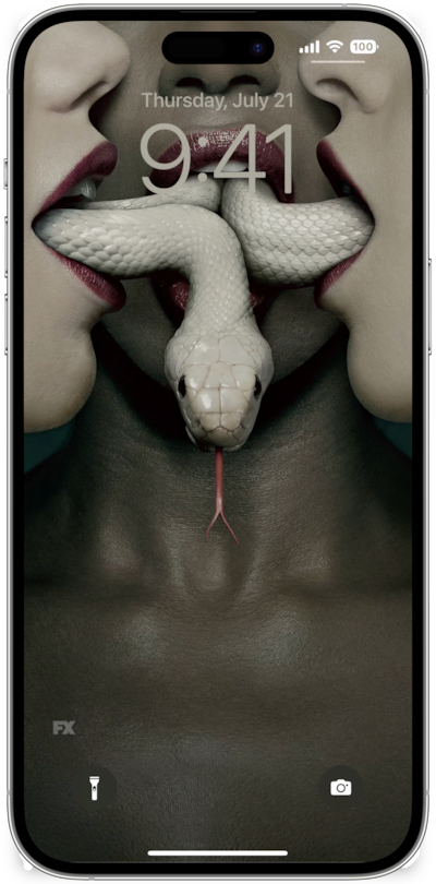 iPhone lock screen of three women wearing plum lipstick with white snake moving through their open mouths for FX's AHS Coven