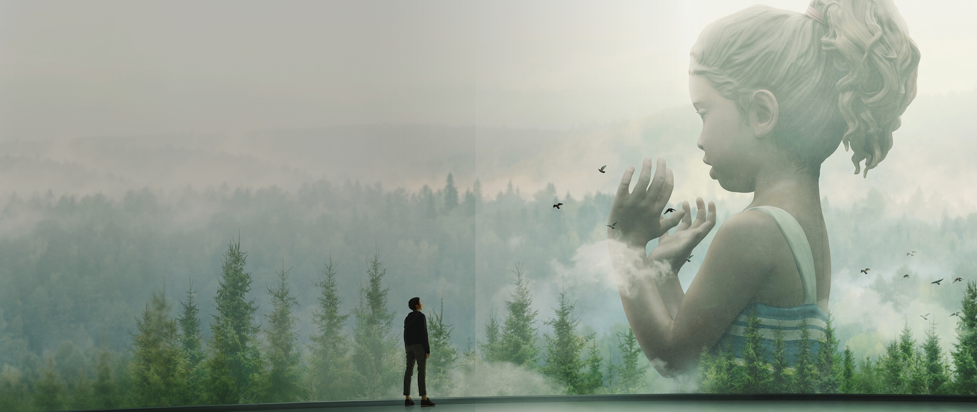 Man staring at a screen with a statue emerging from the forest for FX's Devs