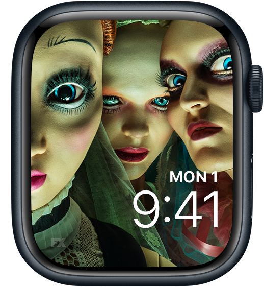 Apple Watch lock screen of wide-eyed dolls and colorful clothes and makeup from FX's American Horror Stories
