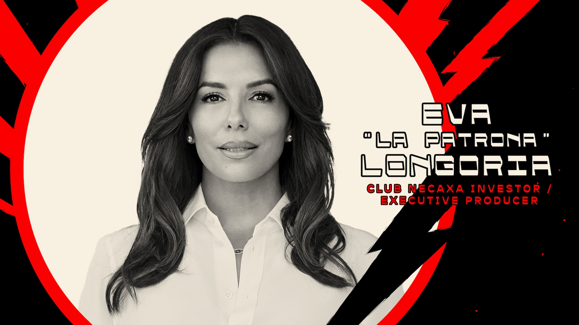 Eva La Patrona Longoria wearing a white button up with a black and red electric background circled around her.