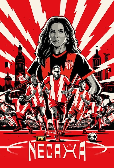 Eva Longoria drawn above the players of Club Necaxa running on the pitch surrounded by white lightening bolts.